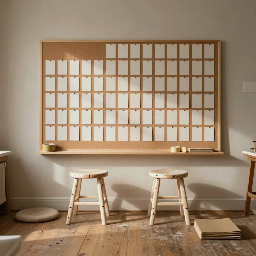 Birch stools and a cork board of blank cards in a warm, sunlit workshop room.
