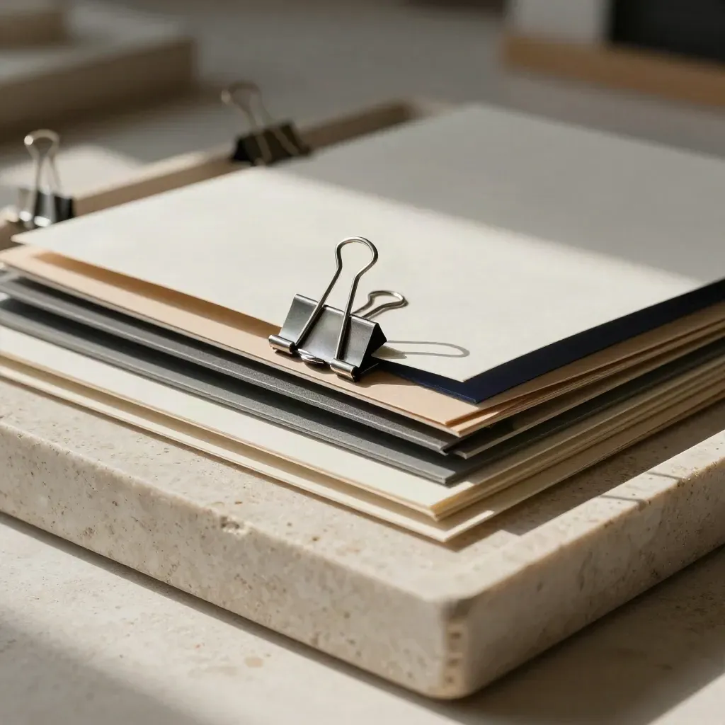 Travertine project tray with sample materials, clips, and a model block settling into decision.