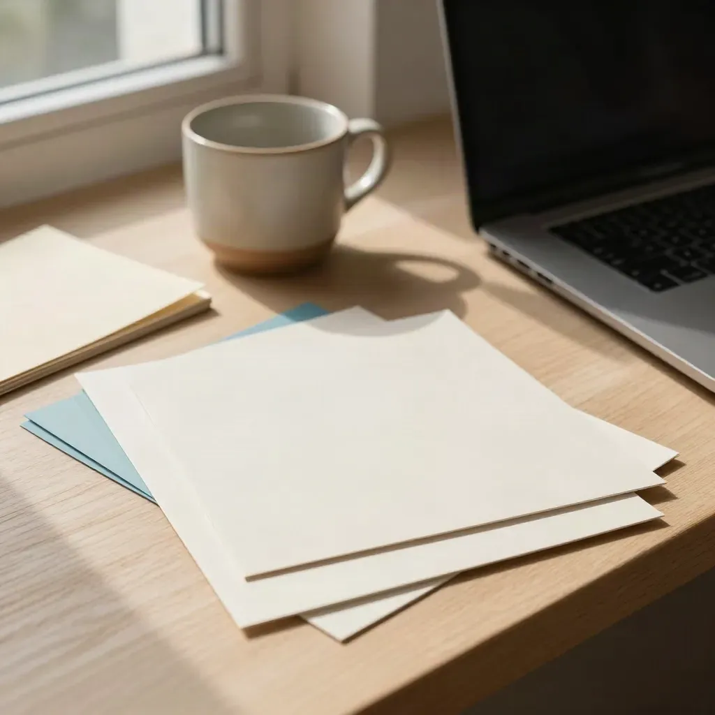 Blank modular cards, closed laptop, and ceramic cup on pale oak in warm window light.