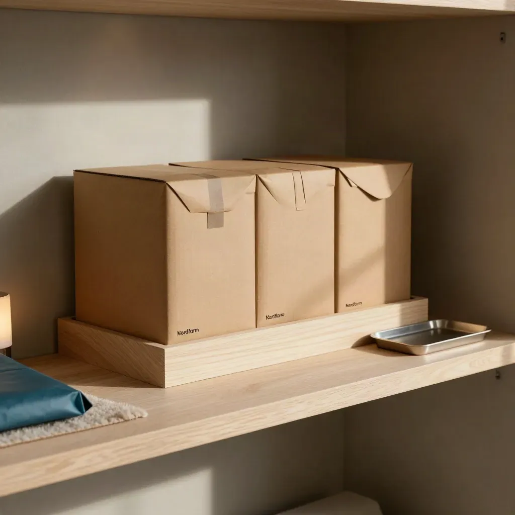 NordForm launch shelf with sealed box, aligned mailers, and a pale wood display plinth in warm window light