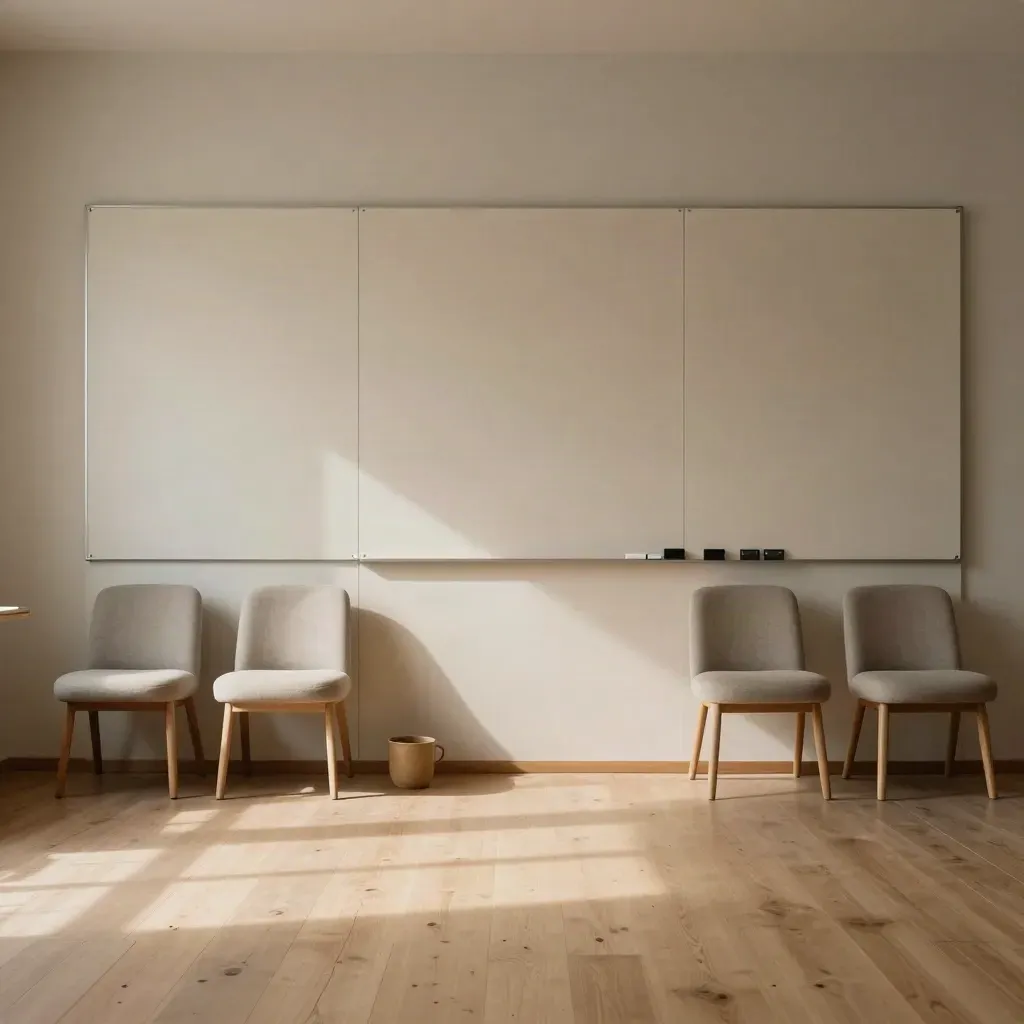 Reset workshop room with blank board, tucked chairs, and a centred marker cup