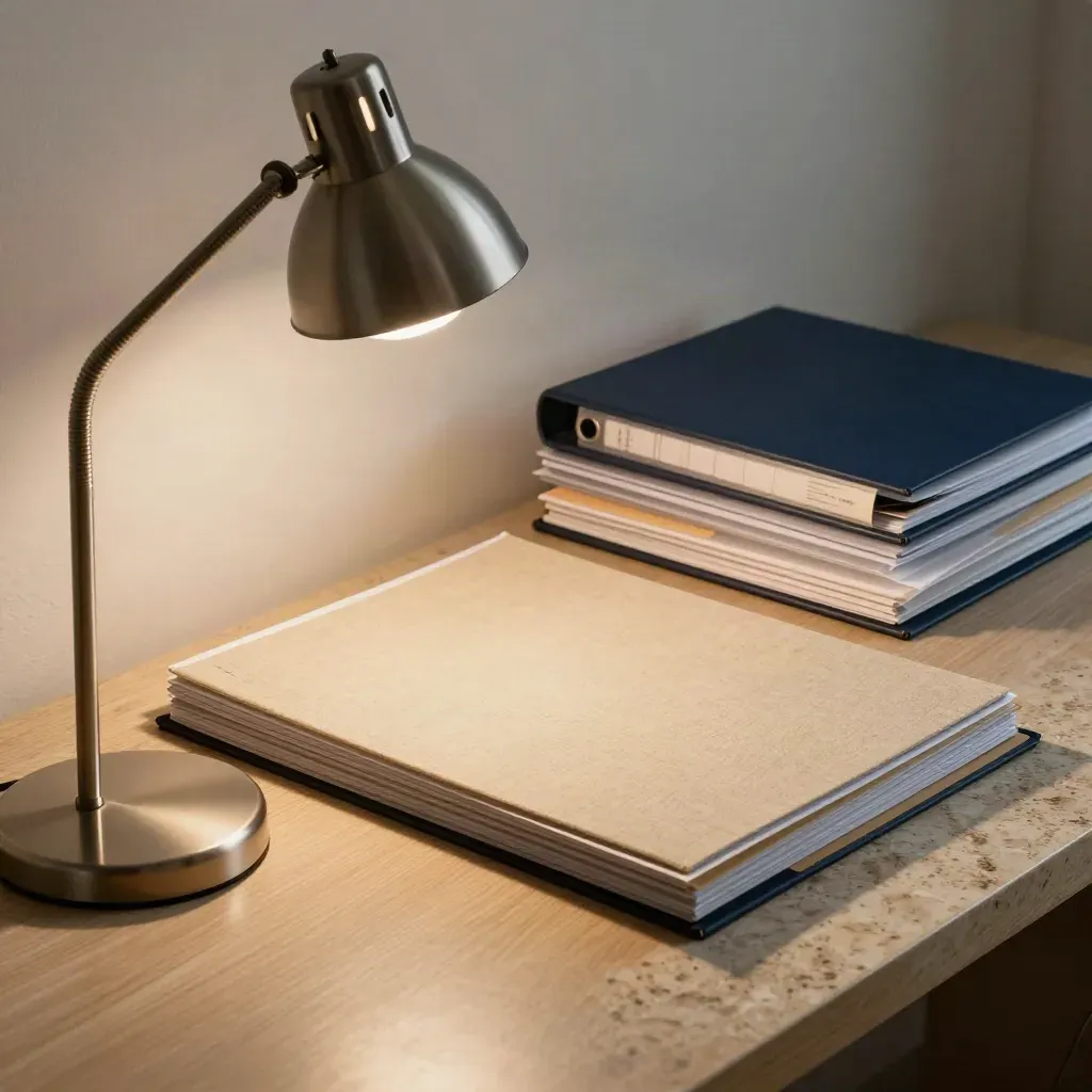 Consulting research boards and binders on a warm studio desk under a slim lamp.