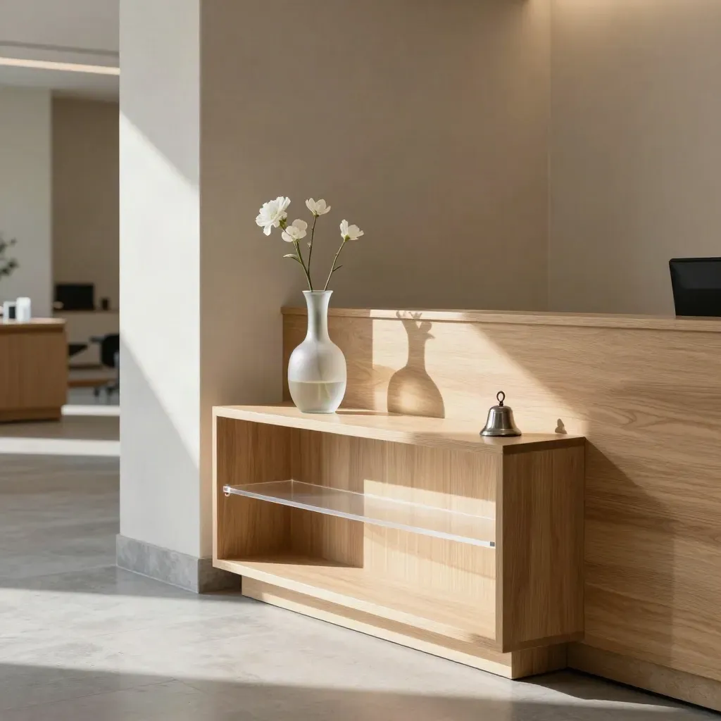 Bright clinic reception corner with pale oak shelving, glass vase, and soft daylight.