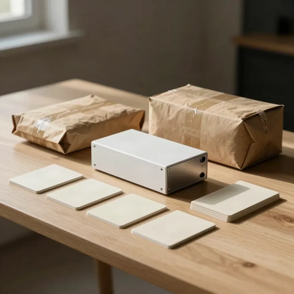 Launch table with finished sample unit, sealed parcels, and aligned inserts in dramatic window light.