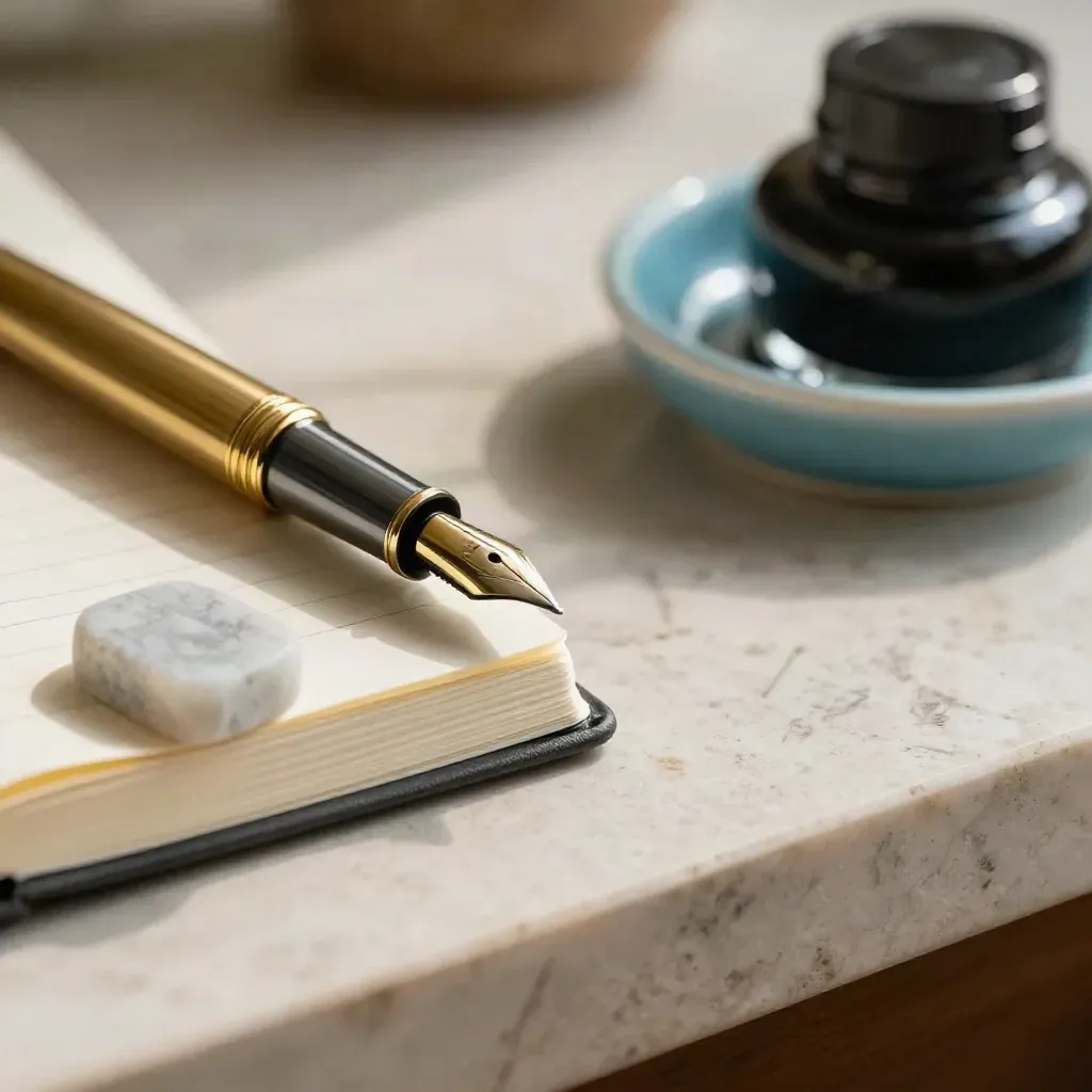 Macro of a brass fountain pen, stone paperweight and notebook edge on pale travertine