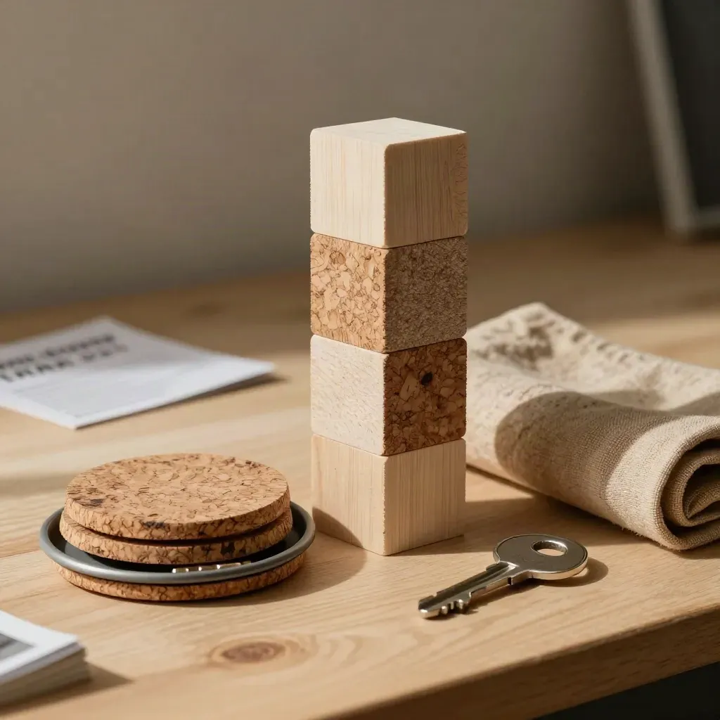 Birch blocks, cork discs, and matte binder clips on a pale timber bench in dramatic studio light.