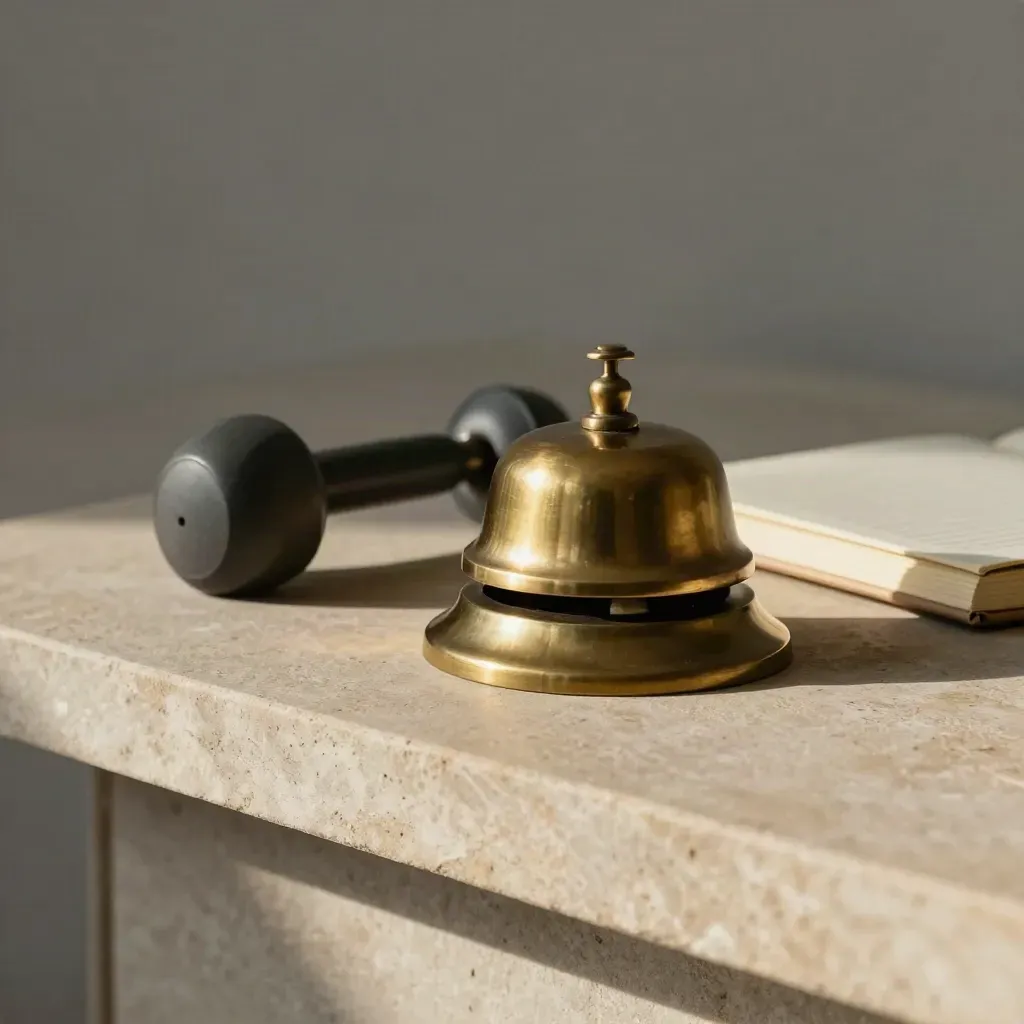 Brass desk bell, handset, and closed notebook on warm stone in soft afternoon light.