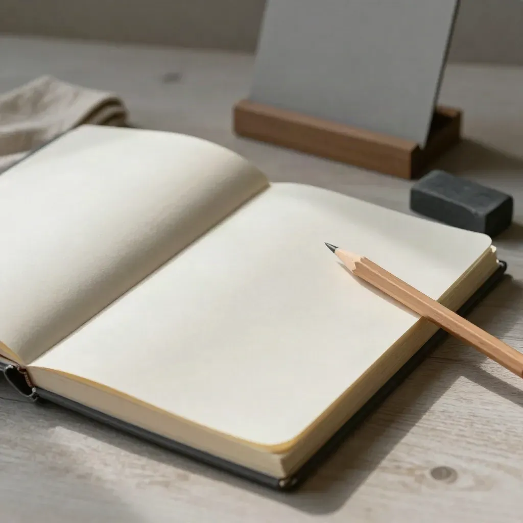 Open notebook, pencil, eraser, and paperweight on pale wood in soft side light.