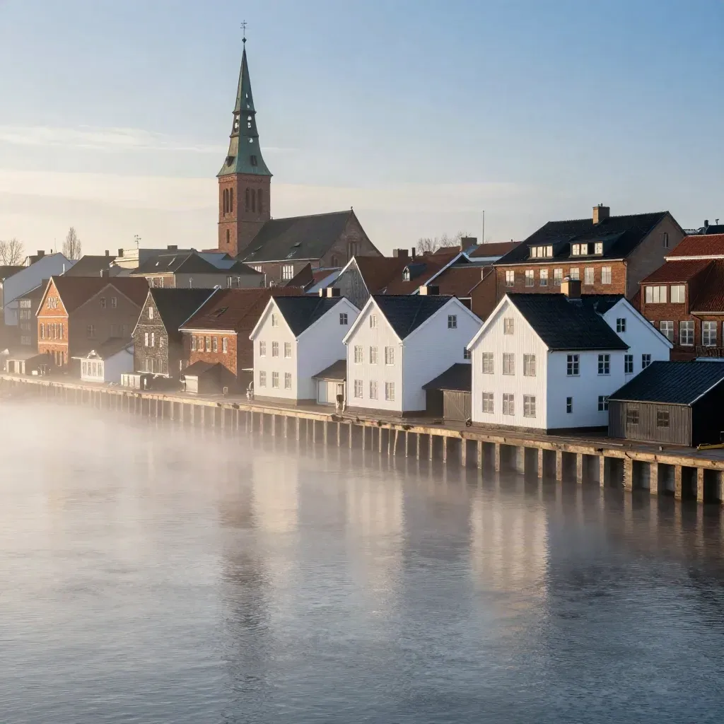 Misty Greater Copenhagen harbor roofs and brick spire above calm water at dawn.