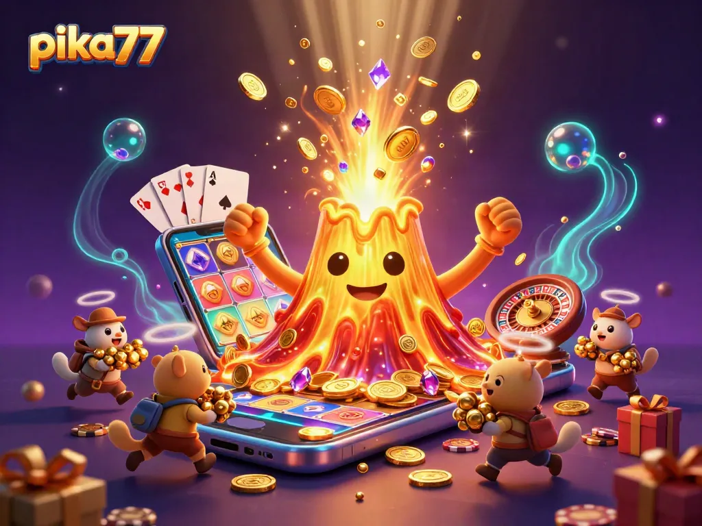 Experience excitement with pika77 as a golden volcano erupts treasures amidst a vibrant casino scene.