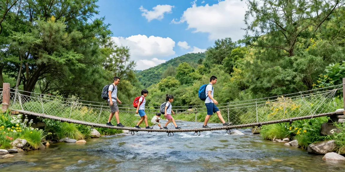 Family joyfully crossing a river rope bridge in a scenic landscape
