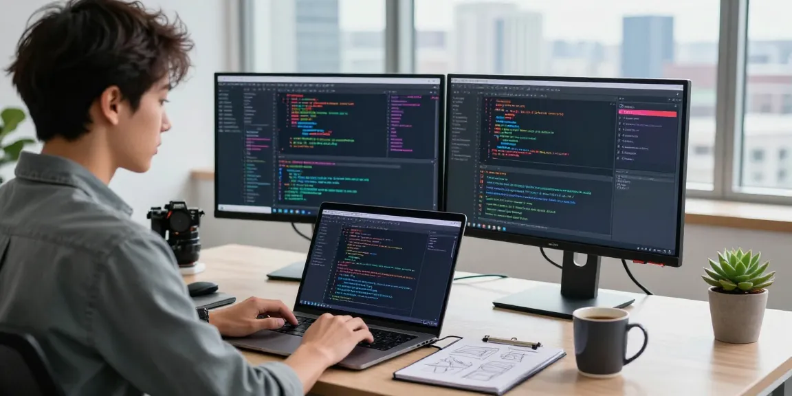Dynamic workspace with a developer coding on laptop at the 纸飞机中文版官网 in a bright office.