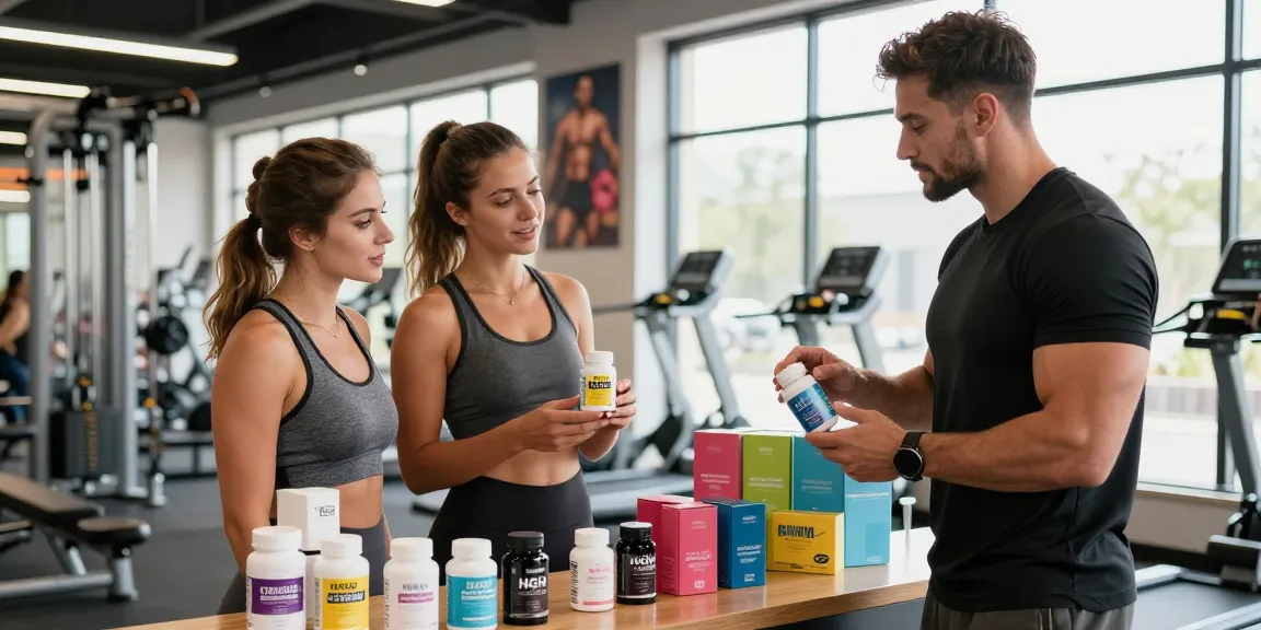 Engaged customers exploring products at Driada Medical Shop in a modern gym environment with athletic focus.
