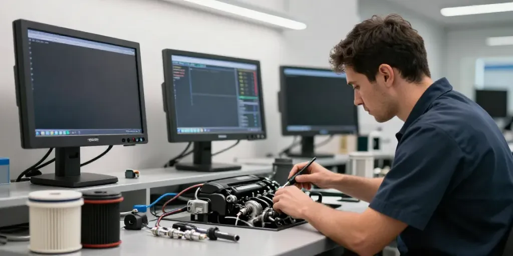 Expert technician performing services in a BMW Werkstatt Hannover, showcasing quality automotive care.