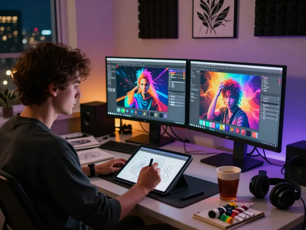 Dynamic digital art studio with artist creating NSFW AI visuals, vibrant colors, urban night setting.