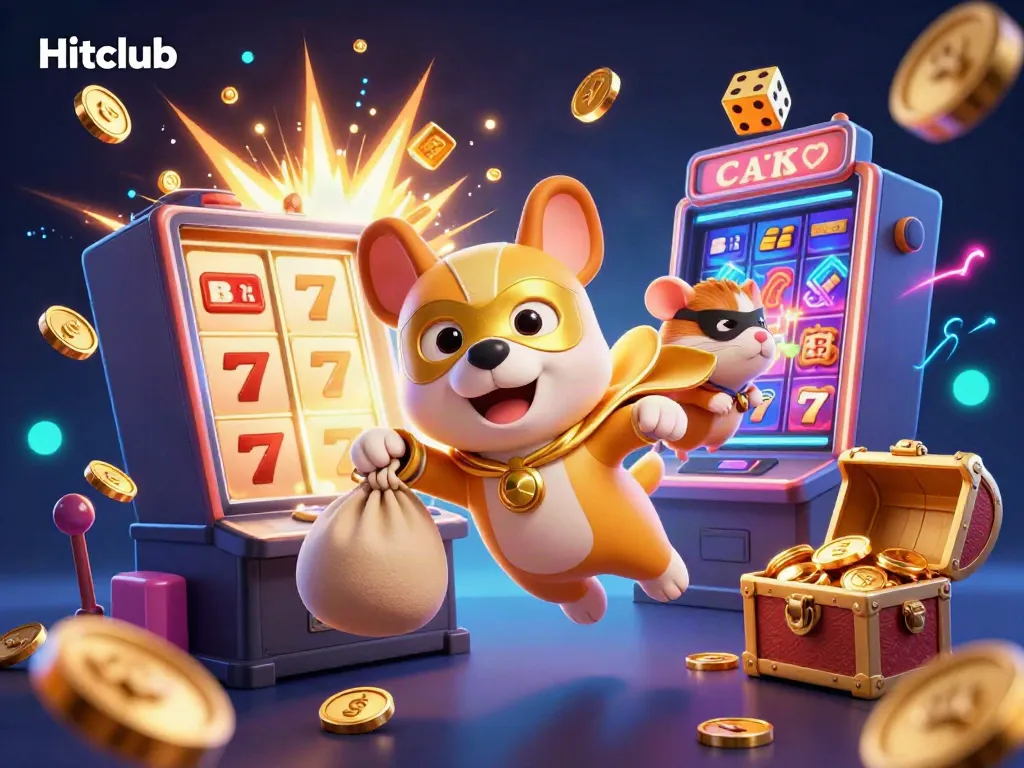 Hitclub's vibrant casino scene with superhero pets and dynamic slot machine action.