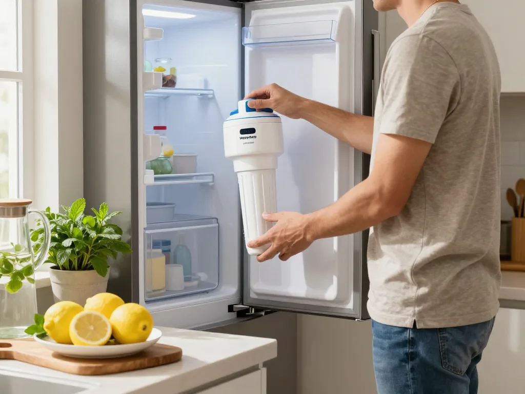 Home cook using Waterdrop Plus UKF7003 Replacement for Maytag® UKF7003 in a modern kitchen setting, emphasizing refreshing water.