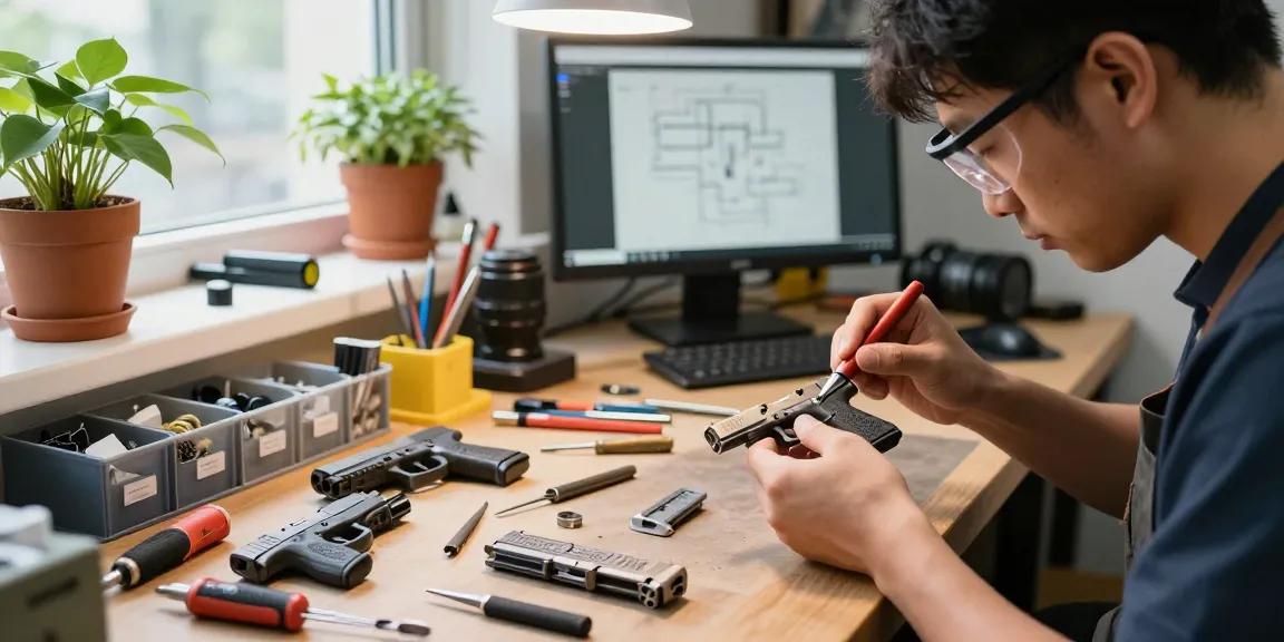 Gunsmith customizing a Glock slide at https://precisionglockslides.com with precision tools and parts