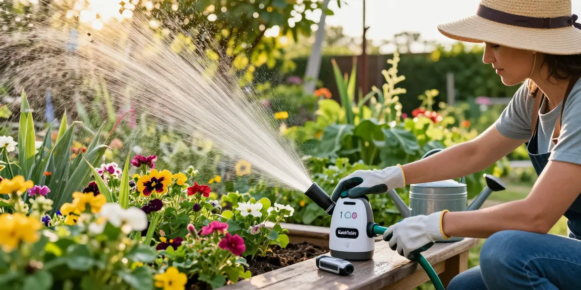 Gardener using a rainpoint water timer in a blooming garden for efficient irrigation.
