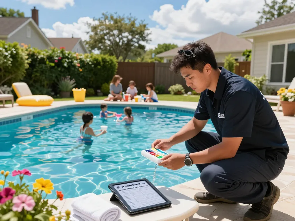 Dolphin Pool Services technician ensuring water quality while family enjoys the pristine pool in a vibrant backyard setting.