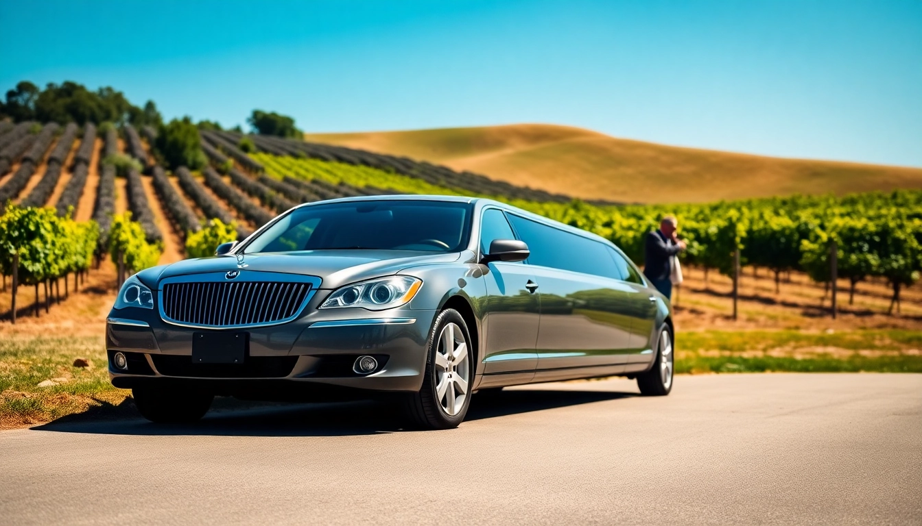 Experience winery limo service with luxurious vehicle amid beautiful vineyard scenery.