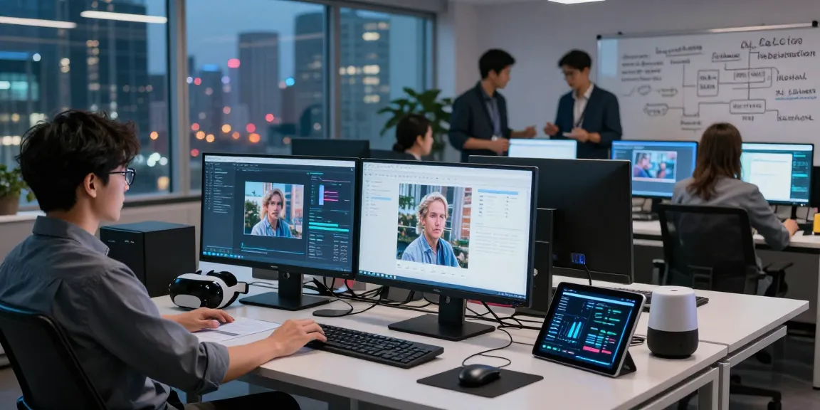 Data scientist using an ai image detector in a modern office setting, analyzing generated images.