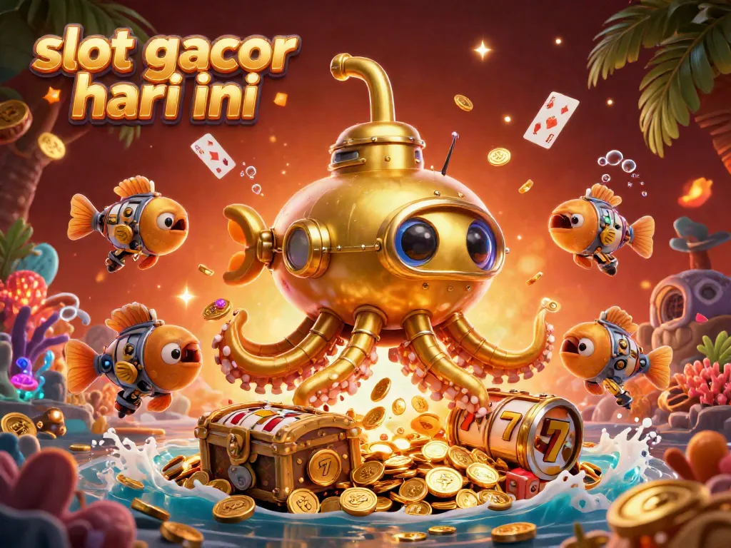 Permainan slot gacor hari ini terlihat jelas dengan submarine kraken emas dan ikan mekanis di antara tumpukan koin emas.