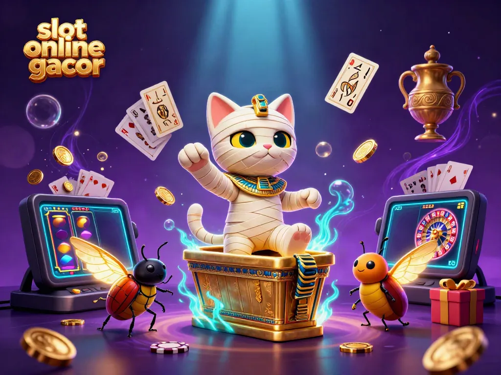 Engage with slot online gacor featuring a mummy cat and dynamic casino elements in vibrant colors.