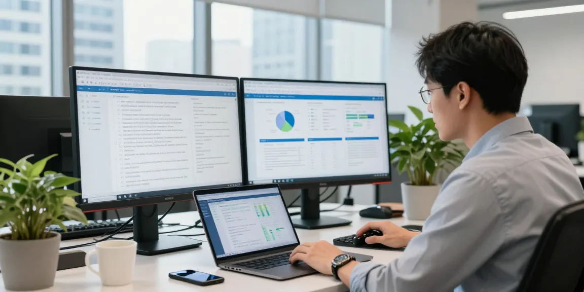Professional analyzing asset tracing data on dual monitors in a modern office.