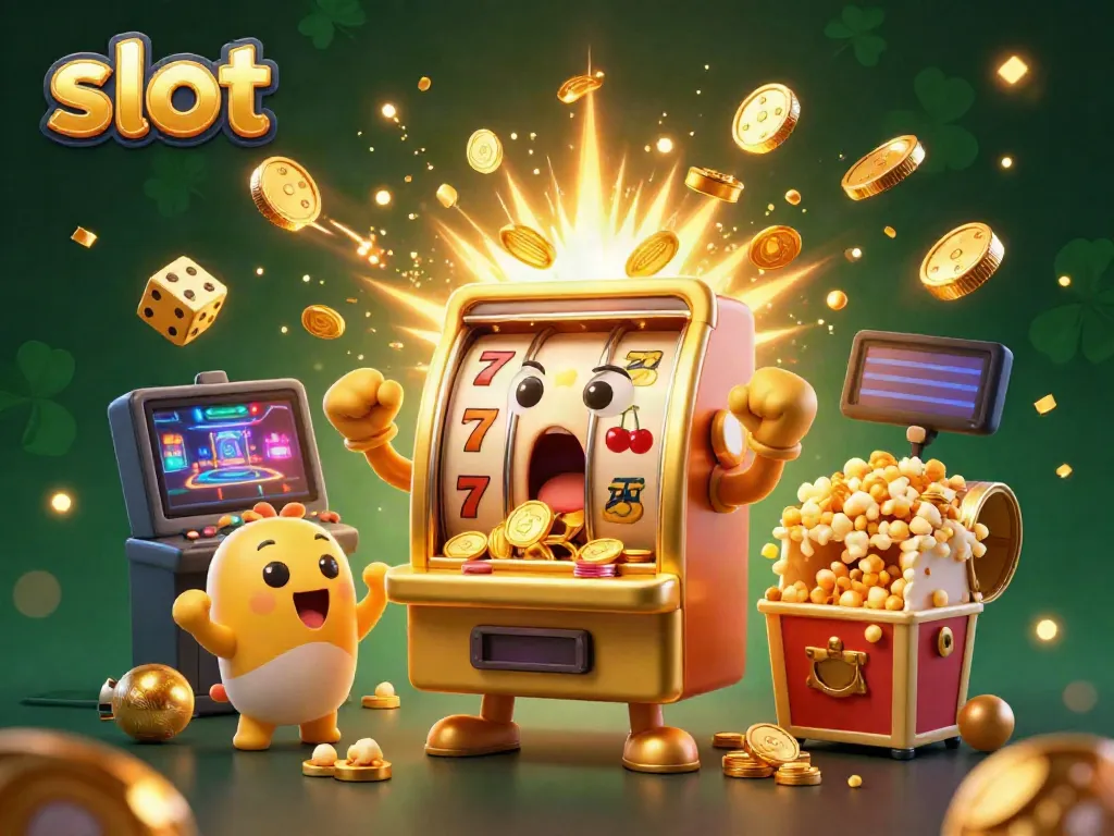 Slot mesin dengan jackpot mengeluarkan koin, dikelilingi mesin slot kecil dan popcorn.