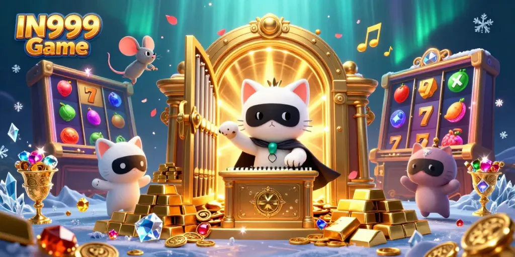 Win big with IN999 Game in a vibrant casino scene, featuring whimsical characters and treasures.