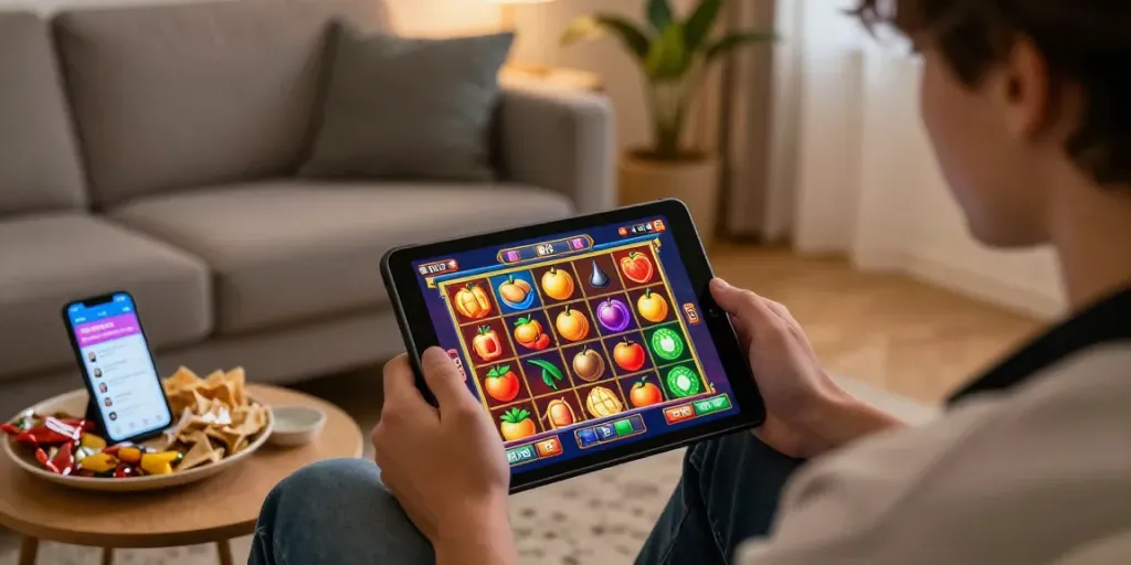 Engaged player exploring slot maxwin game on tablet in cozy living room setting.
