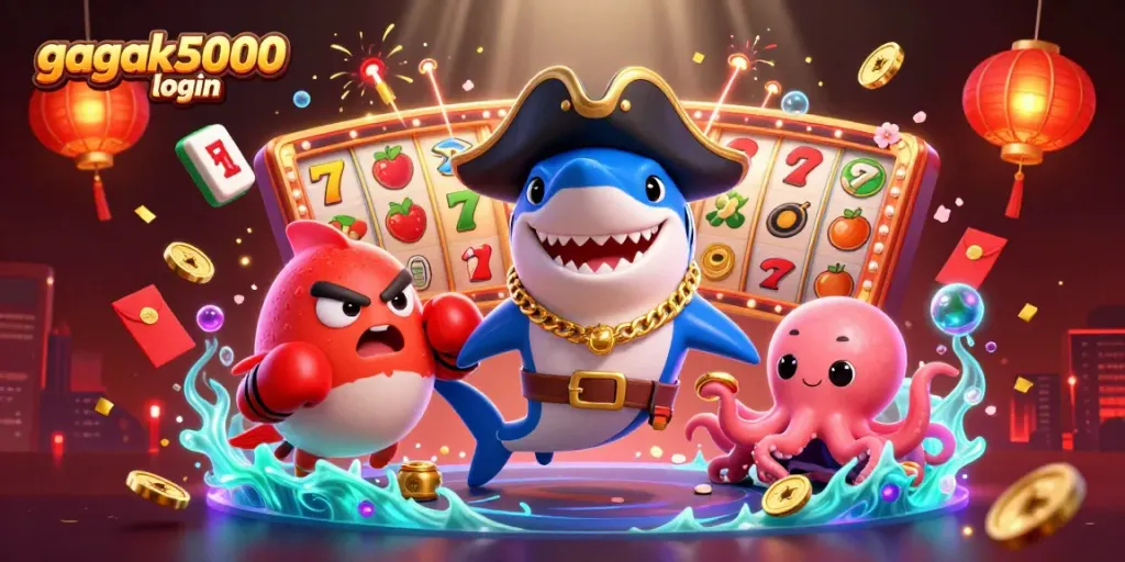 Login gagak5000 dengan karakter ikan hiu lucu, permainan slot, dan efek koin emas yang menggembirakan.