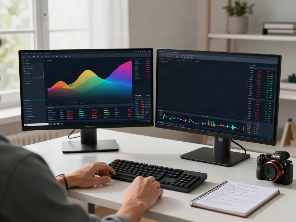 Focused trader using MetaTrader 5 on dual monitors in a modern office.