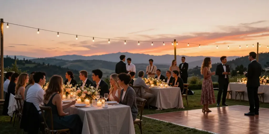 Event rentals enhance a romantic outdoor wedding reception with elegant decor and beautiful lighting.