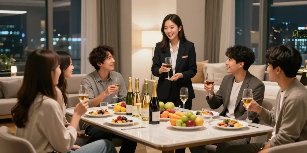 강남 구구단에서 친구들과 즐거운 시간을 보내는 모습, 프라이빗 룸에서의 생생한 분위기.