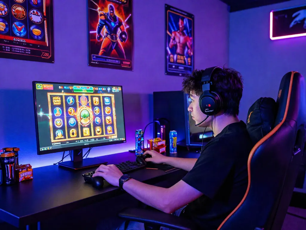 Gamer enjoying a vibrant online slot jackpot game in an immersive gaming setup.