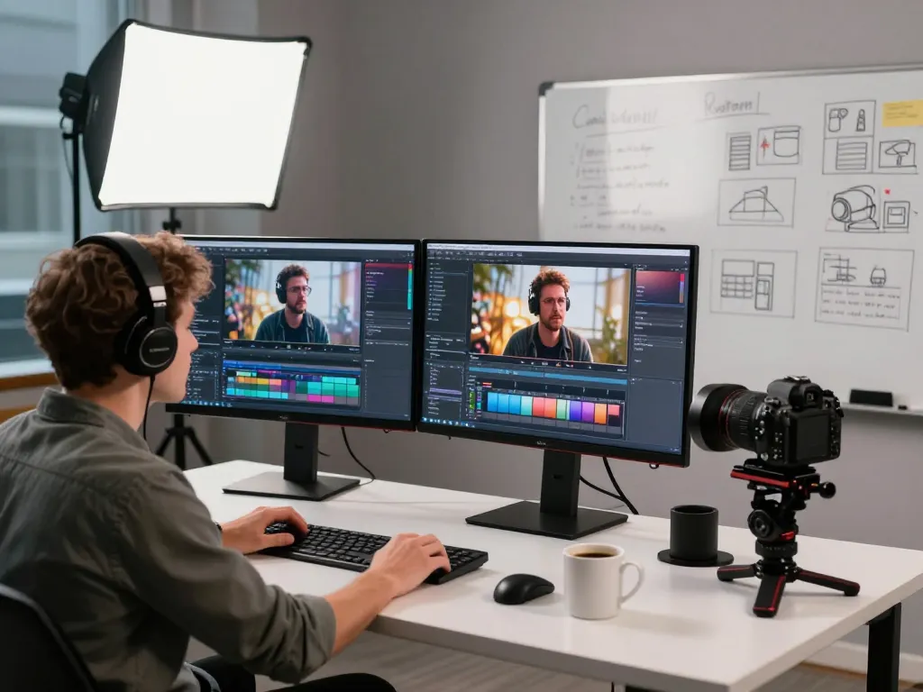 Dynamic video production setup showcasing the video to promptgenerator in action, featuring creators analyzing footage.
