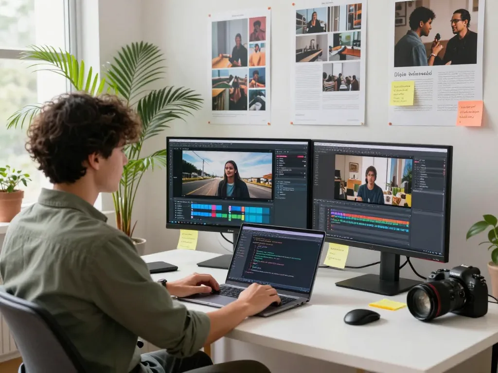 Converting video to prompt in a bright creative workspace, showcasing technology integration.
