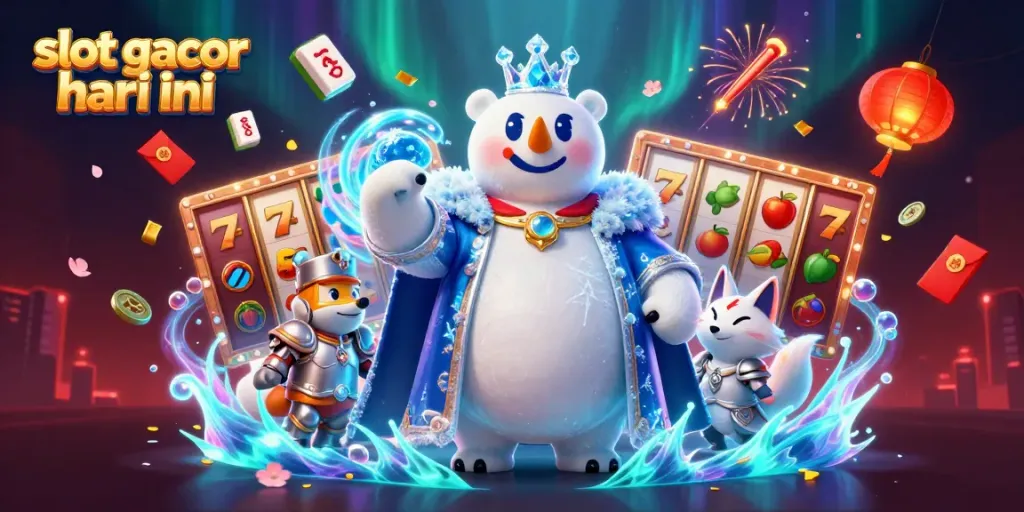Permainan slot gacor hari ini dengan simbol keberuntungan, raja es dan rubah salju dalam ilustrasi warna-warni.