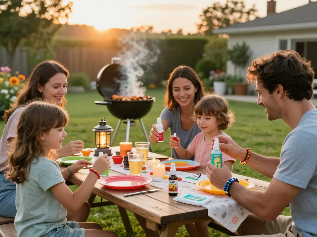 Family enjoying outdoor barbecue while using the Best Mosquito Repellent for effective bug protection.