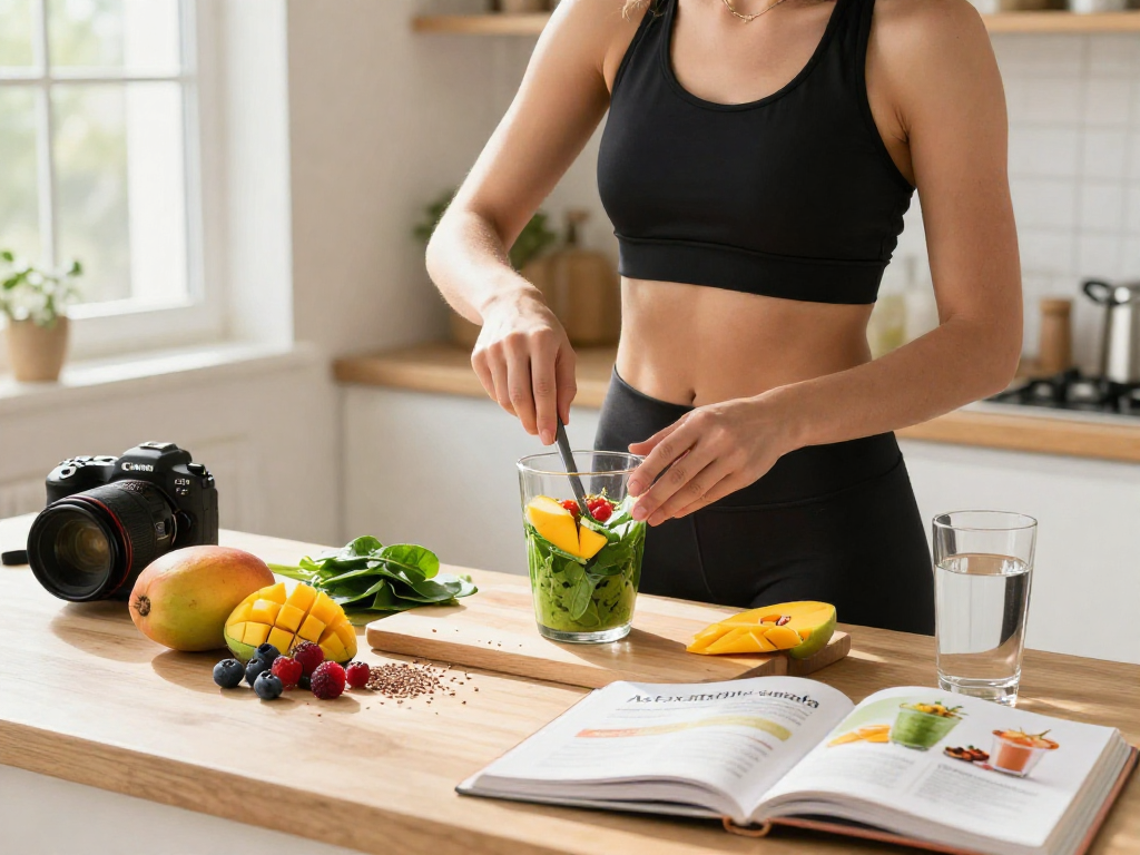 Preparing an astaxanthin Canada smoothie with fresh ingredients in a bright kitchen.