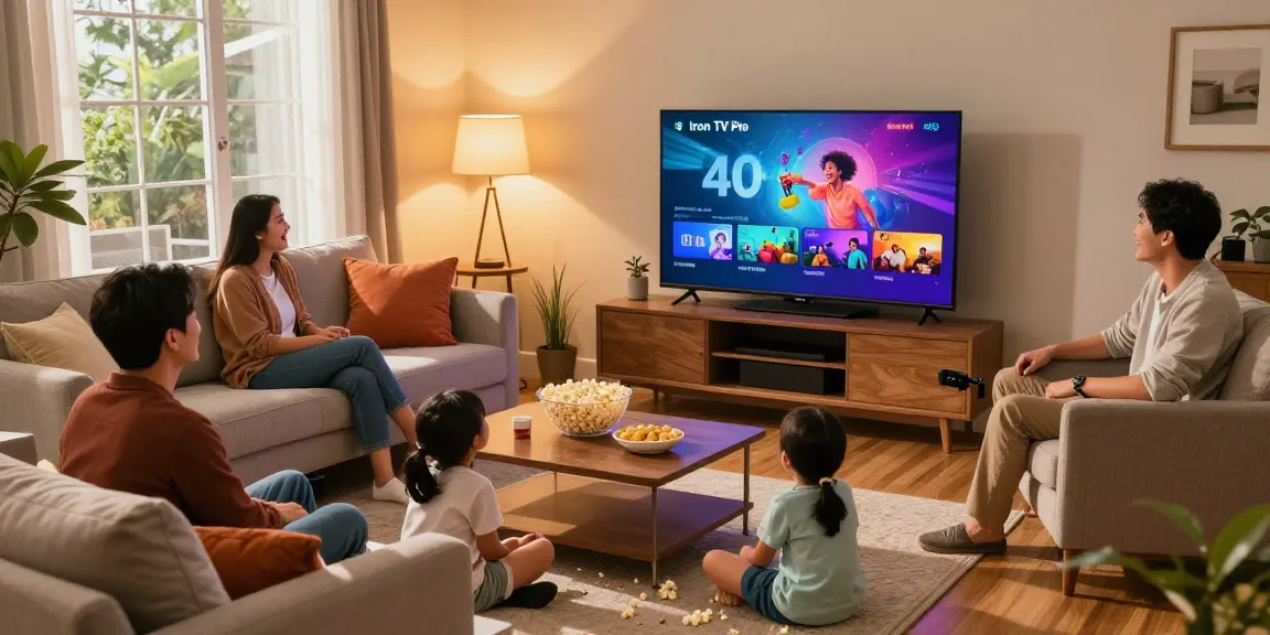 Family enjoying Iron TV Pro in a cozy living room with 4K entertainment.