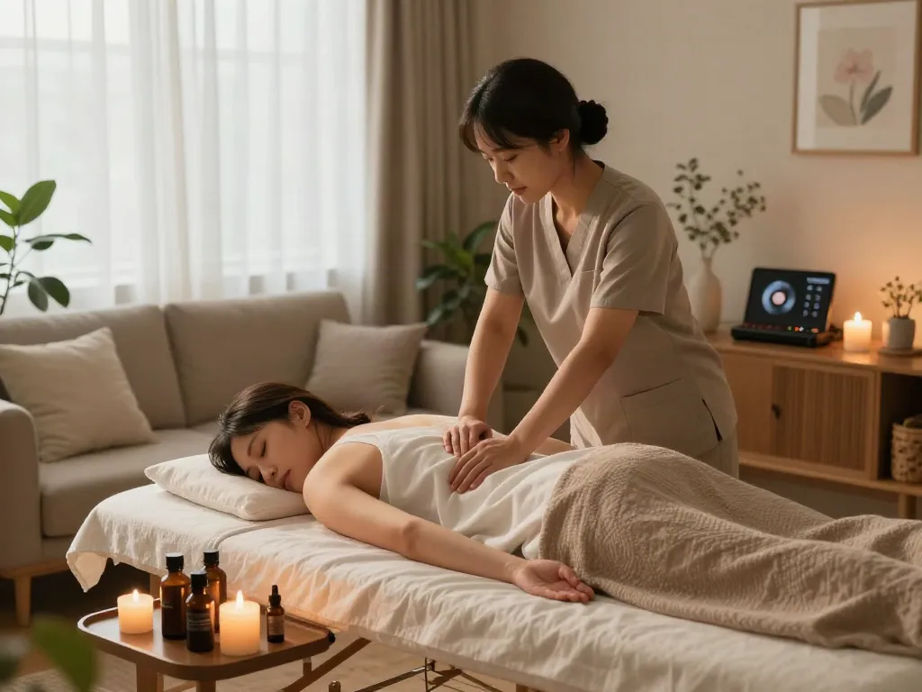 Experience 청라출장마사지 in a tranquil home setting with a professional therapist, soothing atmosphere, and natural light.