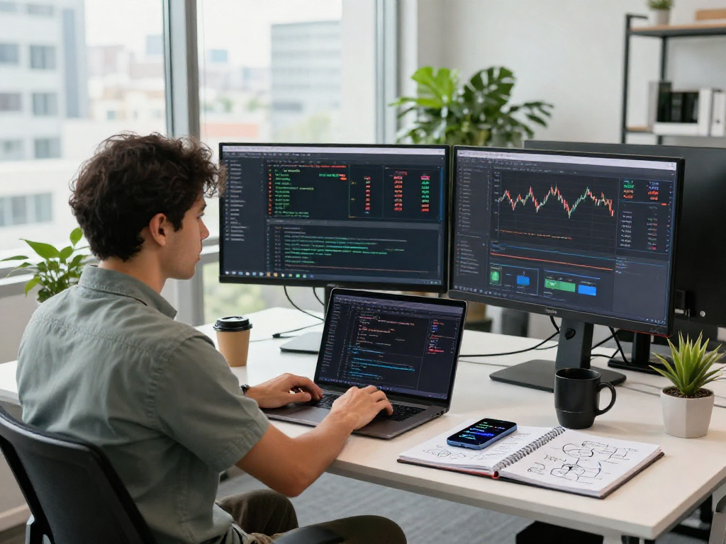 Developer analyzing multi-currency pair API live data in a modern workspace