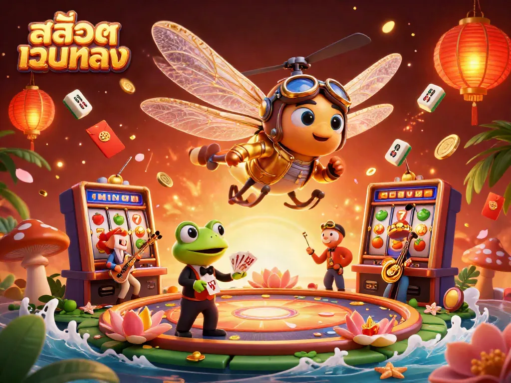 Engage with สล็อตเว็บตรง slots through a vibrant 3D casino scene featuring a dragonfly pilot, frog dealer, and jazz-playing crickets.