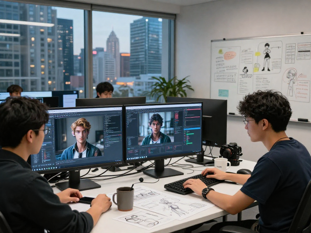 Developers working on character AI NSFW projects in a modern tech workspace with design elements and city view.