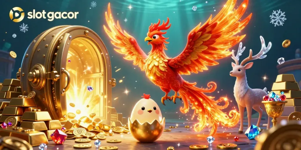 Experience the thrilling action of slot gacor with a dynamic scene featuring mythical creatures and treasure elements.