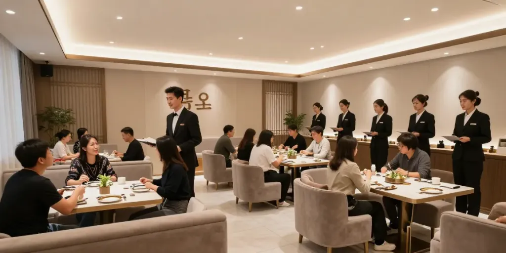 강남타이밍 고급 쩜오 업소의 아늑한 내부 풍경과 매니저들이 고객을 맞이하는 모습