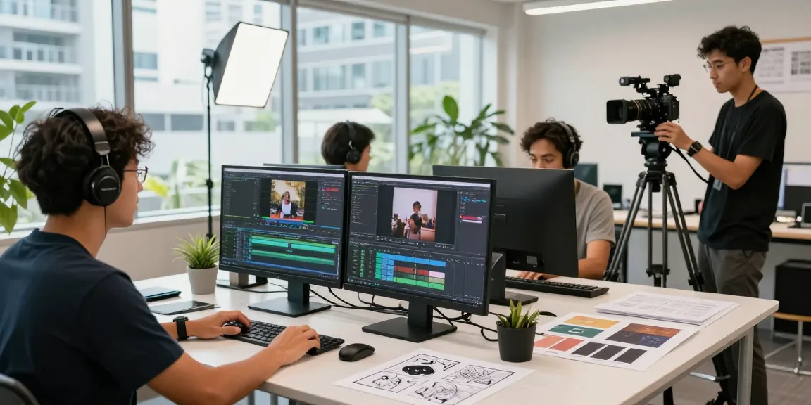 Collaborative videographers showcasing videography services in SG in a vibrant studio.